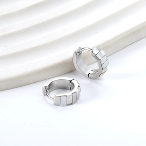 Square geometric silver stainless steel hoop earrings with white inlay and clasp closure