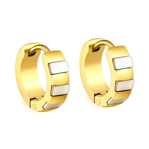 Minimalist thick gold hoop earrings with white shell inlays and easy snap-lock closure