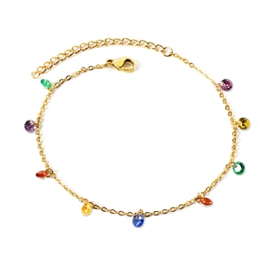 Gold chain anklet featuring ten multi-color faceted crystal charms with adjustable clasp