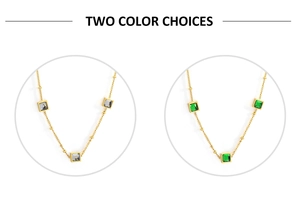 Detail of square gem pendants on 18k gold plated chains in grey and green options