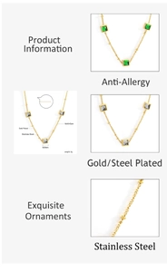 Detail of 18k gold plated stainless steel necklace with 5x5mm square gemstone pendant