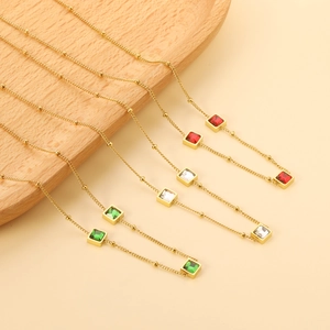 Square Colorful Rhinestone Pendant Necklace Gold Plated Stainless Steel Bead Chain Jewelry For Women Fashion Geometric