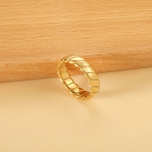 Minimalist 18K gold plated ribbed spiral ring with vintage geometric metallic texture