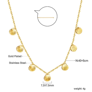Gold plated stainless steel necklace featuring seven delicate shell shaped pendants