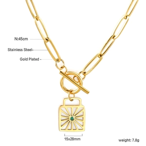 Gold stainless steel paperclip necklace with green stone square sunburst pendant