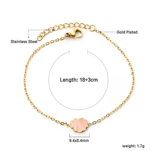 Gold-plated stainless steel chain bracelet with pink shell pendant and dimensions guide