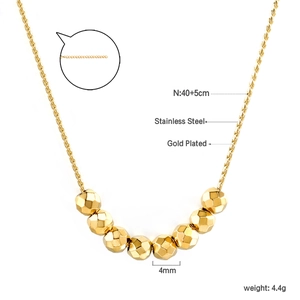 Detail of gold plated stainless steel necklace showing 4mm faceted beads and dimensions