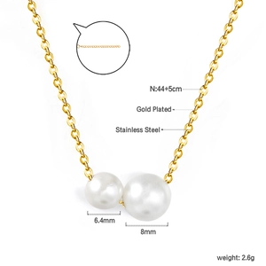 Detail of gold plated stainless steel necklace with 6.4mm and 8mm pearl pendants