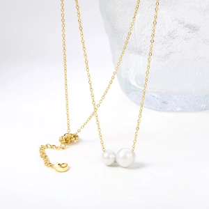 Minimalist stainless steel necklace with double pearls and fine gold chain over glass