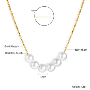 Detail showing 4mm pearls and gold plated stainless steel necklace with size specifications