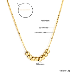 Detail of gold plated stainless steel bead necklace showing 45+5cm length and size specs
