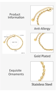 Macro detail of gold-plated stainless steel wheat bead bracelet with 17+5cm size info