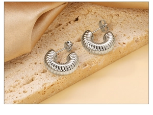 Vue détaillée des boucles d'oreilles argentées en C texturées sur socle en pierre