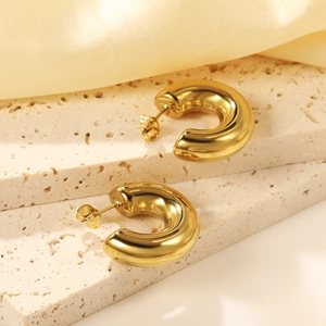 Créoles Épaisses En Forme De C En Acier Inoxydable Plaqué Or Texture Géométrique Nervurée Bijoux Pour Femmes