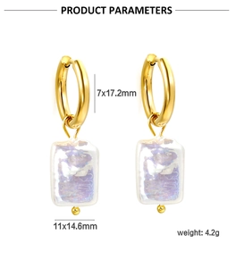 Detailed dimensions of gold hoop earrings with iridescent pearl pendant and specifications