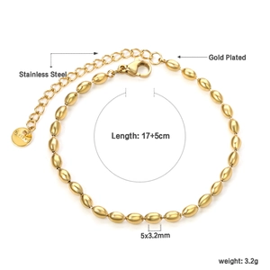 Gold plated stainless steel wheat bead bracelet with lobster clasp and extension chain