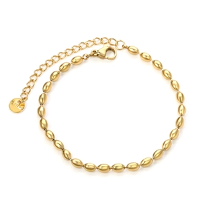 Minimalist gold stainless steel wheat bead bracelet with oval beads and adjustable chain