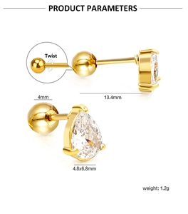 Detail of pear-shaped cubic zirconia stud earrings with screw ball back in gold finish