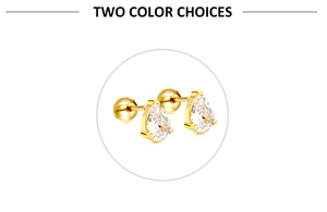 Detail of gold pear-shaped stud earrings with sparkling cubic zirconia and screw ball backs