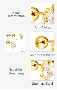 Detail view of gold-plated stainless steel teardrop earrings with twist-on ball backings