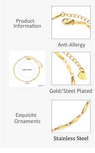 Detail view of 18K gold plated stainless steel anklet with lobster clasp and sizing specs