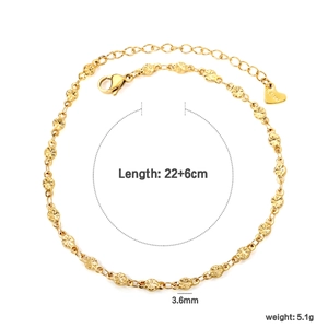 Minimalist gold stainless steel anklet with embossed sunburst circles and lobster clasp