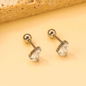 Luxe teardrop stainless steel stud earrings with clear zircon stones and ball screw backs