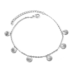 Elegant silver stainless steel anklet with five detailed shell-shaped metal charms