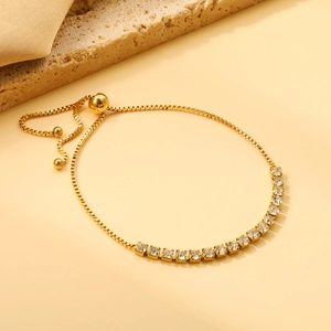 Bracelet Tennis Réglable Pour Femmes Acier Inoxydable Plqué Or Zircone Cubique Simple Rangée Bijoux Élégants