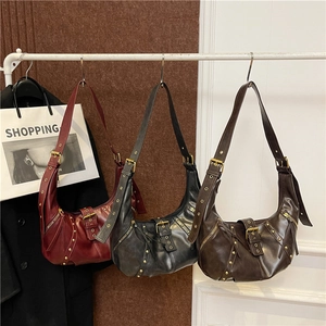 Retro studded hobo bags in wine red, black, and coffee faux leather with shoulder straps