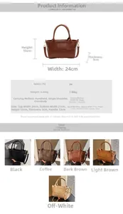 Detailed size chart and multi-color options for woven PU leather bucket bag