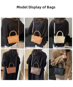 Collage of model carry display showing woven bucket bags in five stylish colors