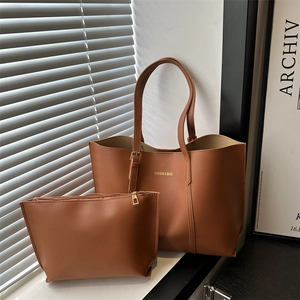 Women PU Leather Tote Handbag And Pouch Large Capacity Minimalist Commuter Shoulder Bag Gold Lettering Fashion