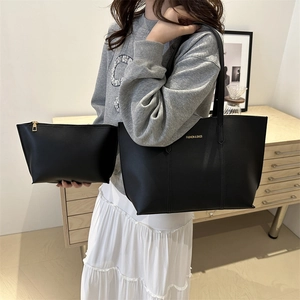 Minimalist black tote bag set with inner pouch and gold Fashion & Bags lettering