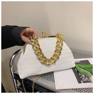 Détail d'un sac plissé blanc avec poignée en chaîne dorée et fermoir vintage chic