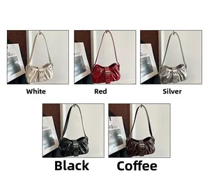 Collage of pleated underarm bags in white, red, silver, black, and coffee leather