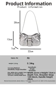 Size chart showing silver PU leather pleated underarm bag with buckle detail and dimensions