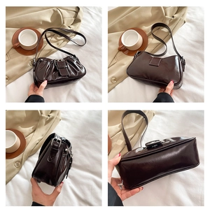 Detail views showing dark brown pleated faux leather shoulder bag from four angles