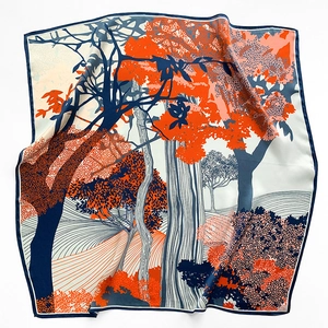 Detailed macro view of high-quality silk scarf edge with autumn forest landscape print