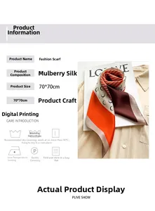 Detailed mulberry silk square scarf specs showing 70x70cm size and digital print details