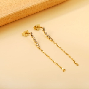 Boucles D'oreilles Longue Chaîne À Franges En Acier Inoxydable Plaqué Or Avec Zircon Blanc Bijoux De Mode Pour Femmes
