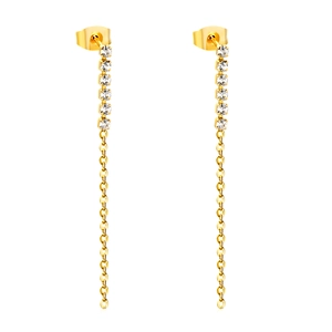 Boucles d'oreilles pendantes dorées avec rangée verticale de zircons sur fond blanc