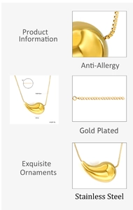 Detail of 25mm gold plated teardrop pendant with dimensions on stainless steel chain