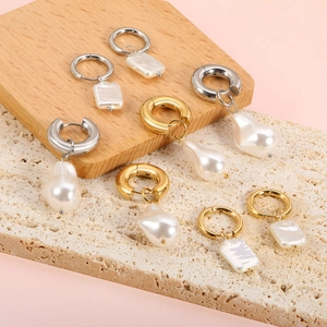 Stainless Steel Hoop Earrings With Artificial Baroque Pearl Pendants Minimalist Sweet Korean Style For Women Hypoallergenic Jewelry