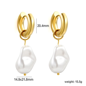Golden stainless steel hoop earrings with white baroque irregular pearls on white background