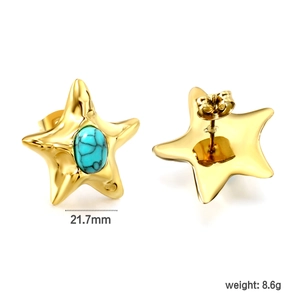 Star-shaped gold earrings with turquoise stone, 21.7mm size detail on white background