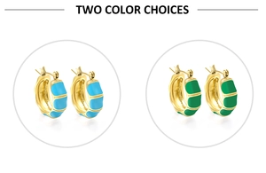 Detail of C-shaped bamboo texture earrings with vibrant blue and green enamel finish