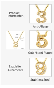 Détail des pendentifs chiffres en acier inoxydable doré avec incrustation de cristaux