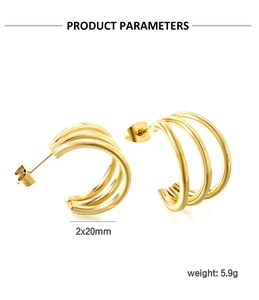 Close-up of triple-layered gold C-shape stud earrings with 2x20mm size parameters