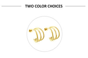 Detailed view of gold plated triple hoop earrings with mirror finish and simple design